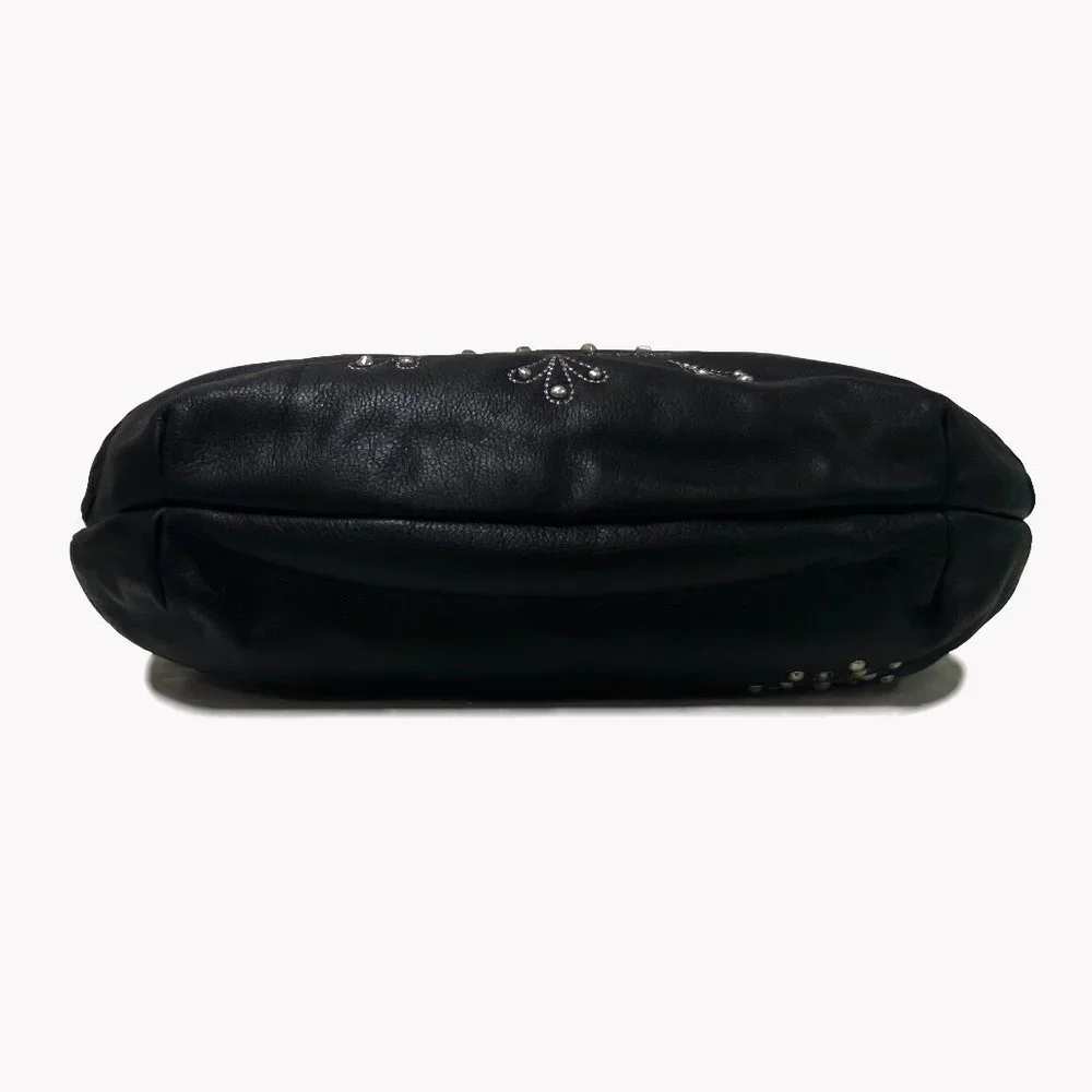 Fiore by Isabella Fiore Black Leather Studded Floral Hobo Bag Whipstitch Tassel